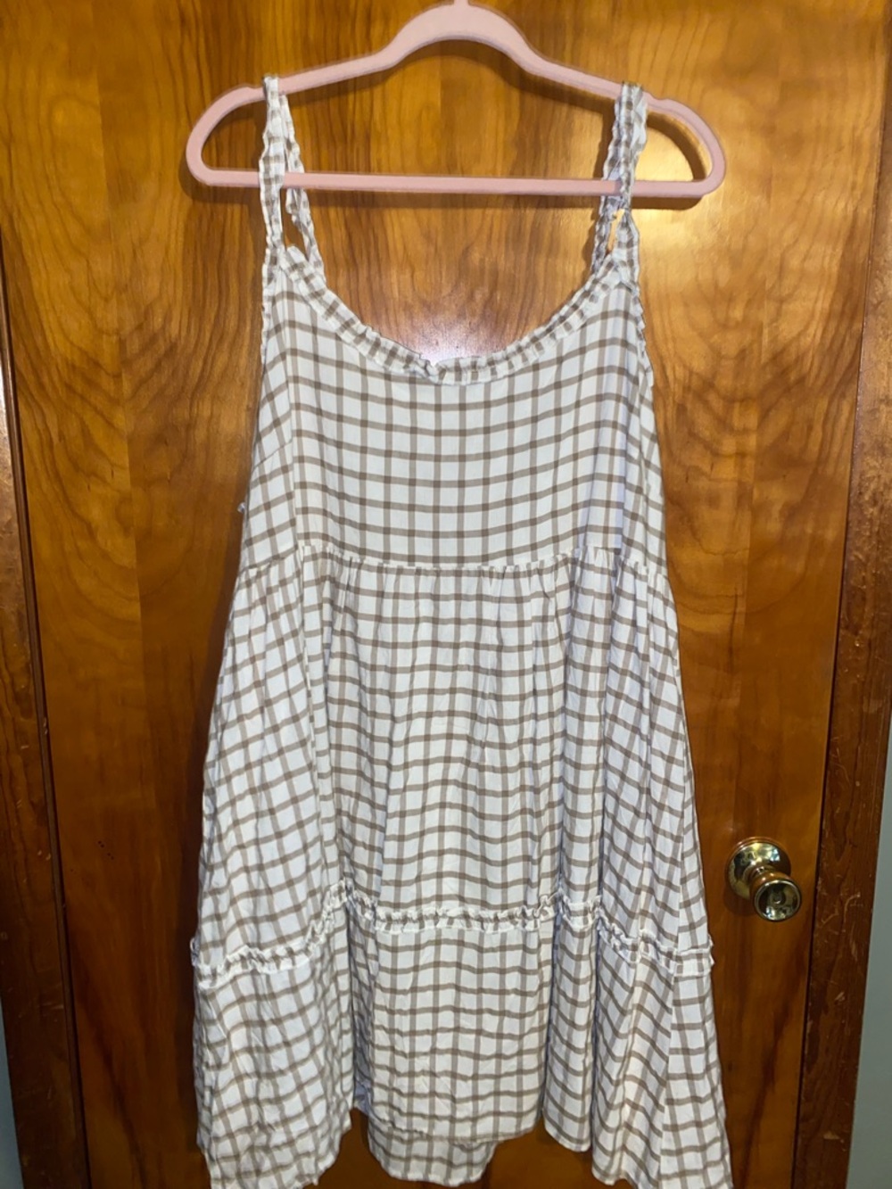 Keyhole Tye Back Cream & Tan Plaid Sundress - Lightweight Summer Dress